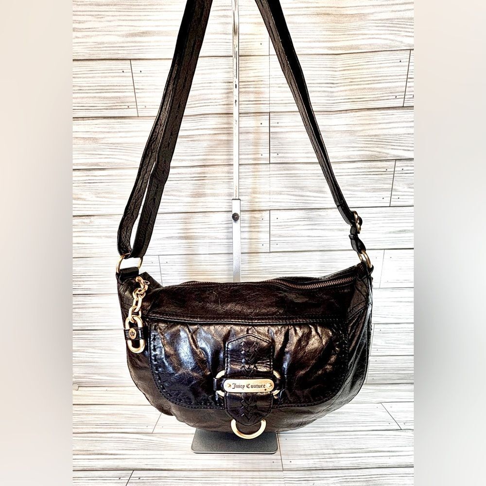 023- Juicy Couture RN52002 Vintage  Distressed Black Leather Shoulder Bag